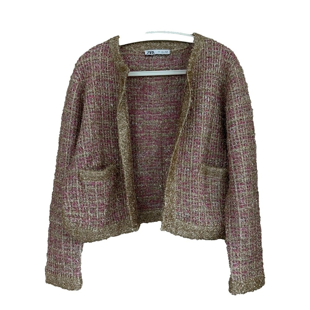 ZARA Party Tinsel Pink/Gold Tone Tweed Blazer Jacket